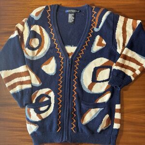 Vintage 1993 I.B. Diffusion Geometric Zip Cardigan Women's‎ Small Hong Kong Navy